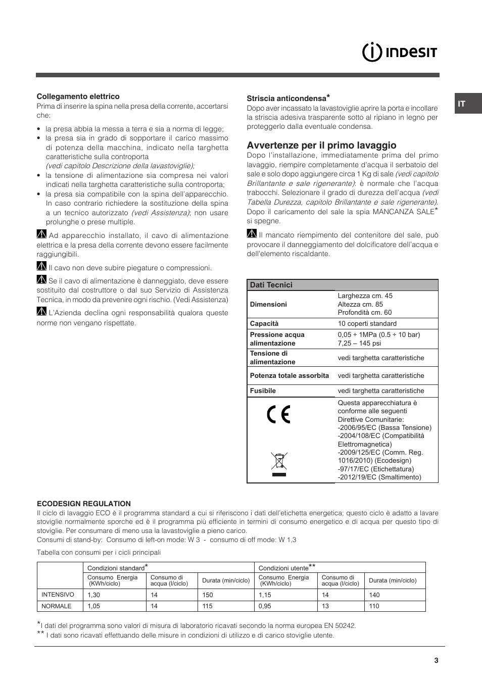 Avvertenze per il primo lavaggio | Indesit DSG-051-NX-EU User Manual | Page 3 / 56