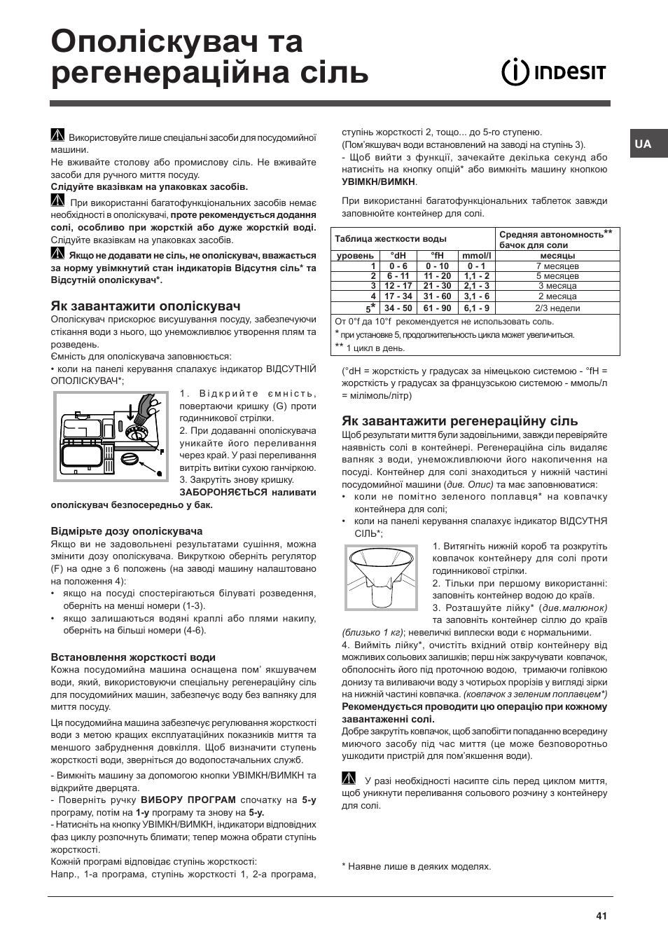 Ополіскувач та регенераційна сіль, Як завантажити ополіскувач, Як завантажити регенерацiйну сiль | Indesit DSG-051-NX-EU User Manual | Page 41 / 56