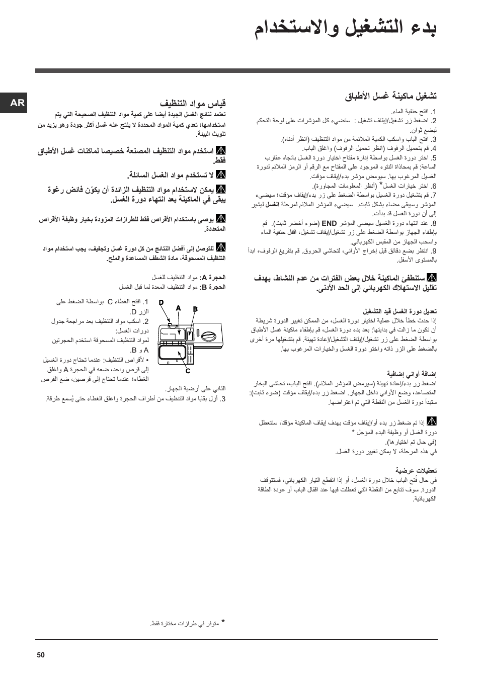 مادختسلااو ليغشتلا ءدب, فيظنتلا داوم سايق, قابطلأا لسغ ةنيكام ليغشت | Indesit DSG-051-NX-EU User Manual | Page 50 / 56