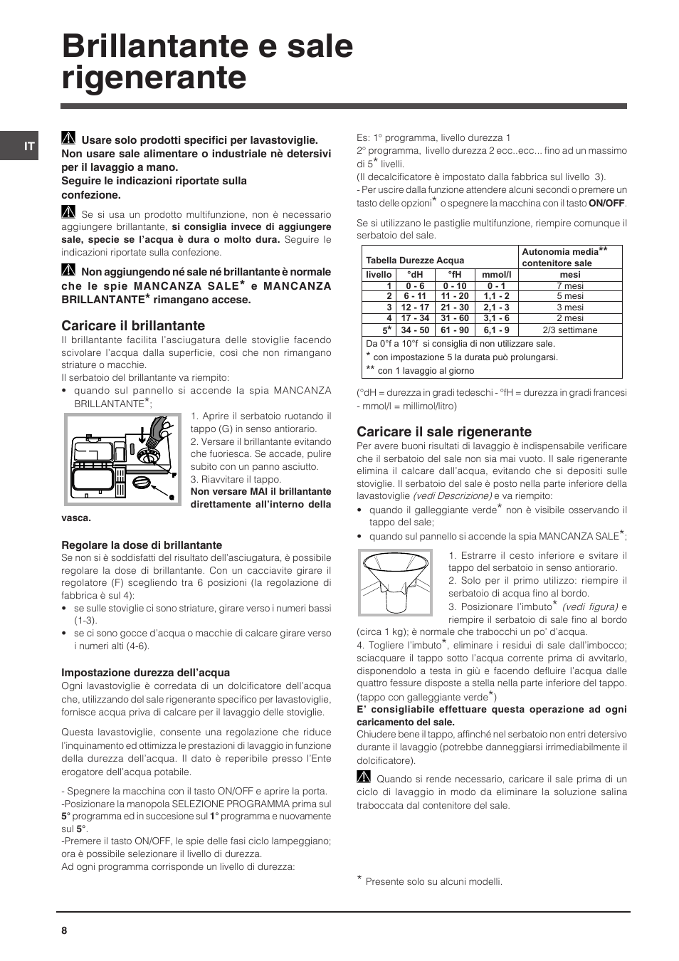 Brillantante e sale rigenerante, Caricare il brillantante, Caricare il sale rigenerante | Indesit DSG-051-NX-EU User Manual | Page 8 / 56