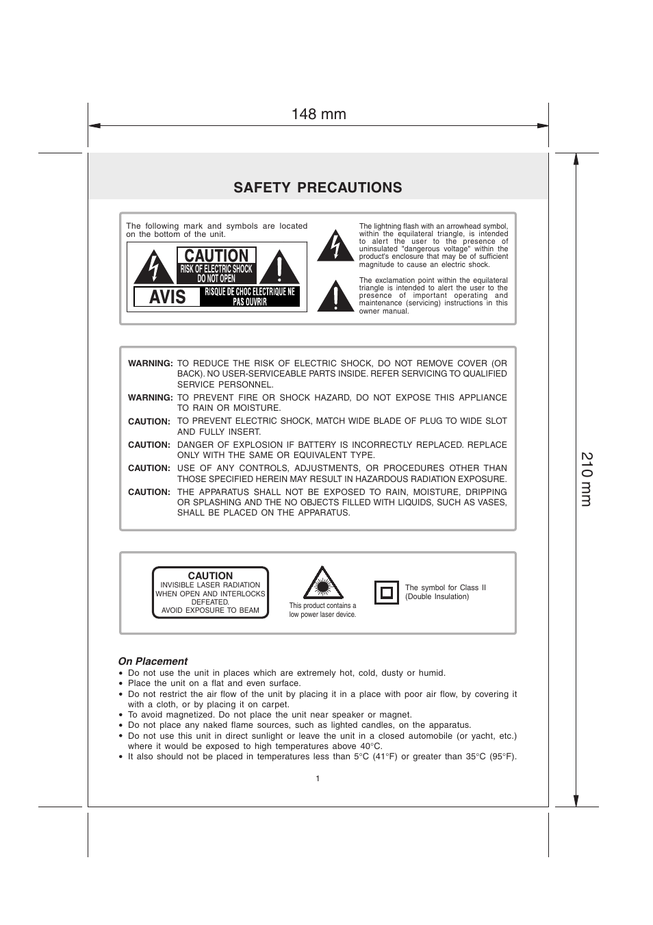 Avis, Caution, Safety precautions | Audiovox MVS6950 User Manual | Page 2 / 32