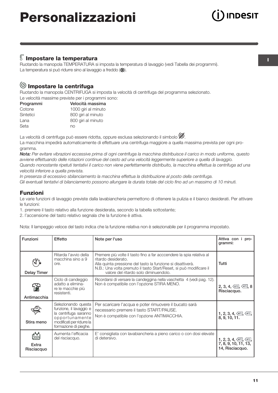 Personalizzazioni, Impostare la temperatura, Impostare la centrifuga | Funzioni | Indesit IWME-106-(EU) User Manual | Page 11 / 84