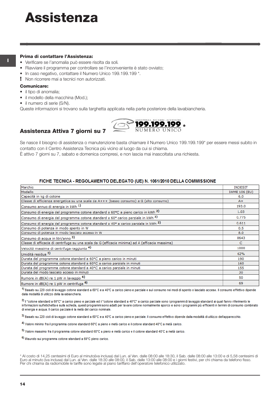 Assistenza | Indesit IWME-106-(EU) User Manual | Page 14 / 84