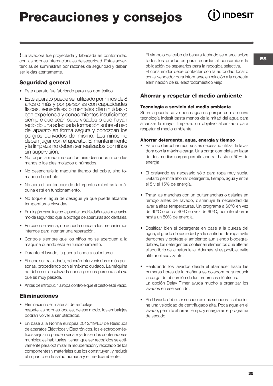 Precauciones y consejos | Indesit IWME-106-(EU) User Manual | Page 35 / 84