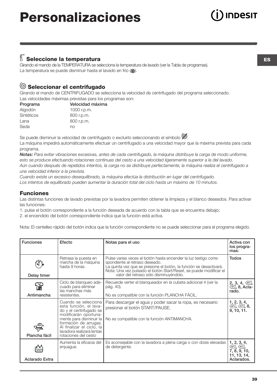 Personalizaciones, Seleccione la temperatura, Seleccionar el centrifugado | Funciones | Indesit IWME-106-(EU) User Manual | Page 39 / 84