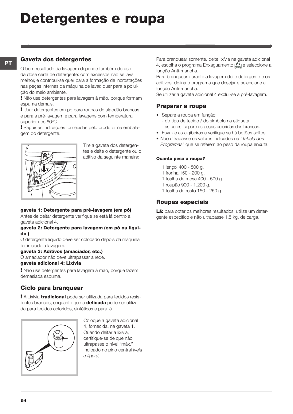 Detergentes e roupa, Gaveta dos detergentes, Ciclo para branquear | Preparar a roupa, Roupas especiais | Indesit IWME-106-(EU) User Manual | Page 54 / 84