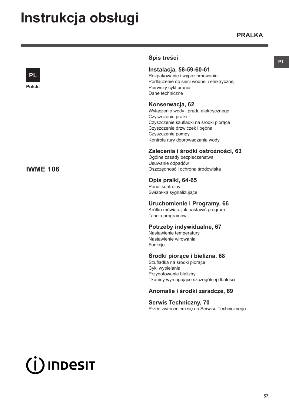 Instrukcja obsługi, Iwme 106 | Indesit IWME-106-(EU) User Manual | Page 57 / 84