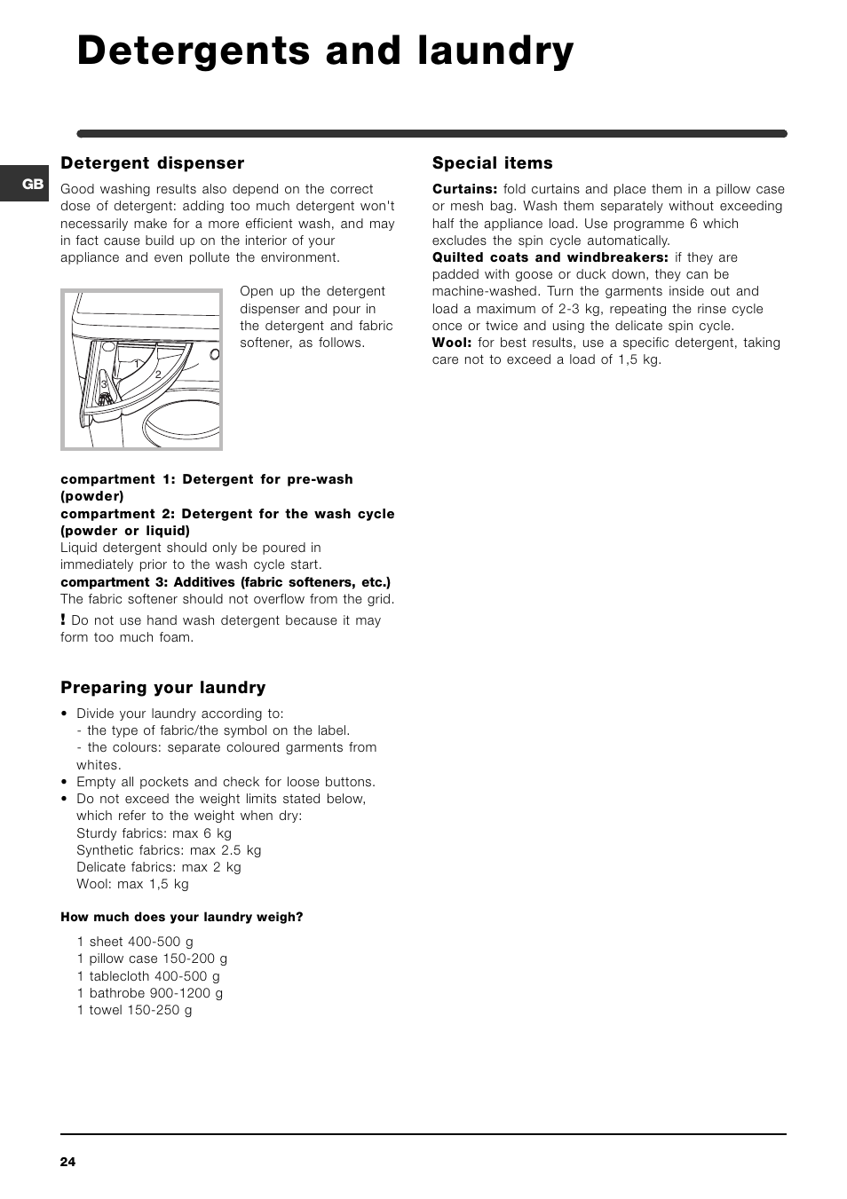 Detergents and laundry | Indesit IWDE-12-(EU) User Manual | Page 24 / 56