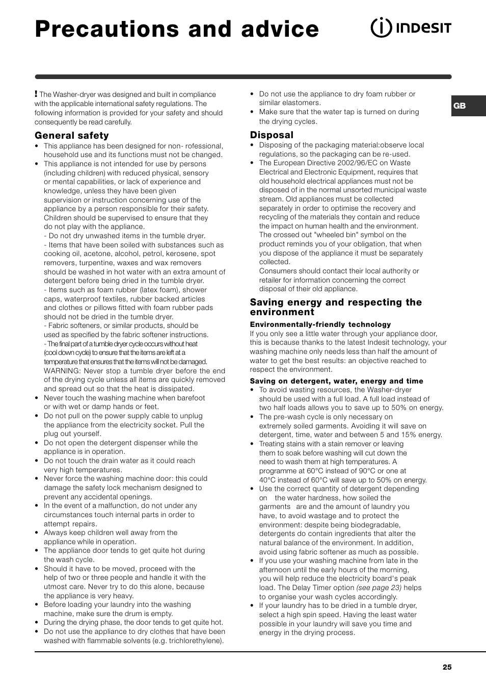 Precautions and advice, General safety, Disposal | Saving energy and respecting the environment | Indesit IWDE-12-(EU) User Manual | Page 25 / 56