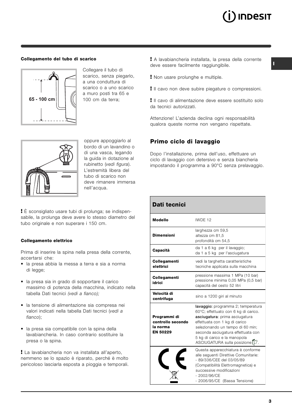 Primo ciclo di lavaggio, Dati tecnici | Indesit IWDE-12-(EU) User Manual | Page 3 / 56