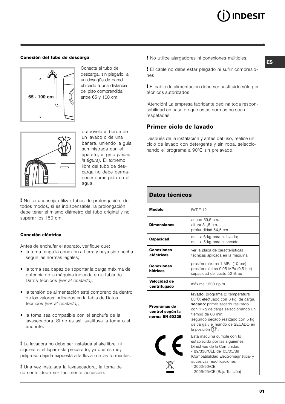 Primer ciclo de lavado, Datos técnicos | Indesit IWDE-12-(EU) User Manual | Page 31 / 56