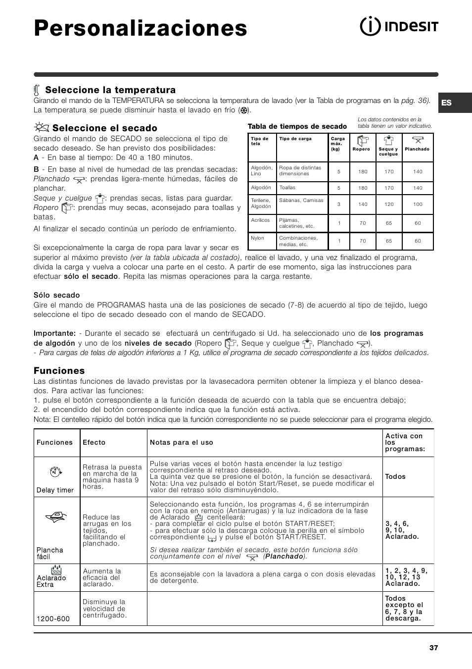 Personalizaciones, Seleccione la temperatura, Seleccione el secado | Funciones | Indesit IWDE-12-(EU) User Manual | Page 37 / 56