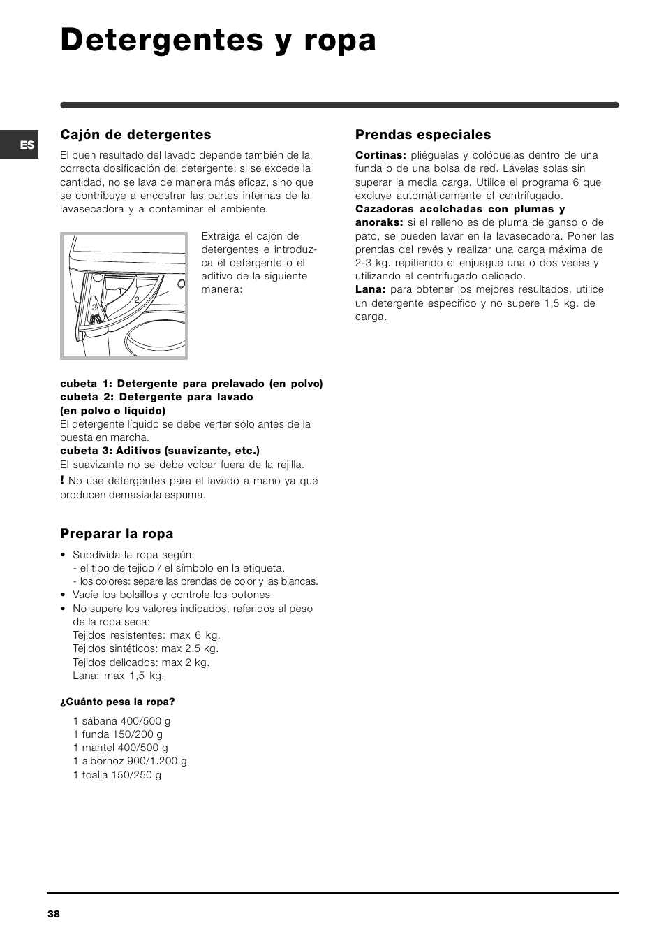 Detergentes y ropa | Indesit IWDE-12-(EU) User Manual | Page 38 / 56