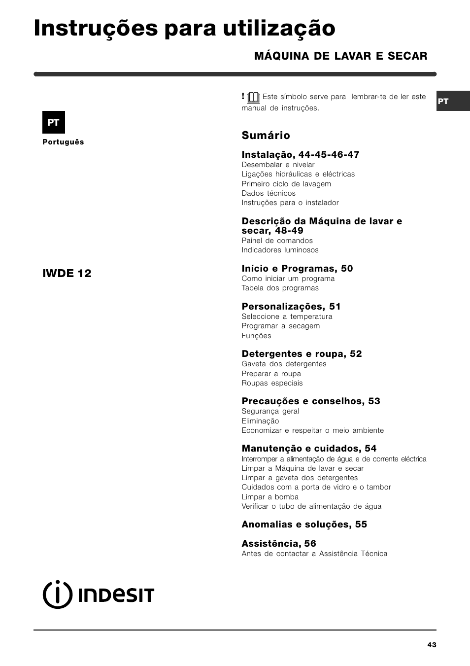 Instruções para utilização, Sumário, Máquina de lavar e secar iwde 12 | Indesit IWDE-12-(EU) User Manual | Page 43 / 56