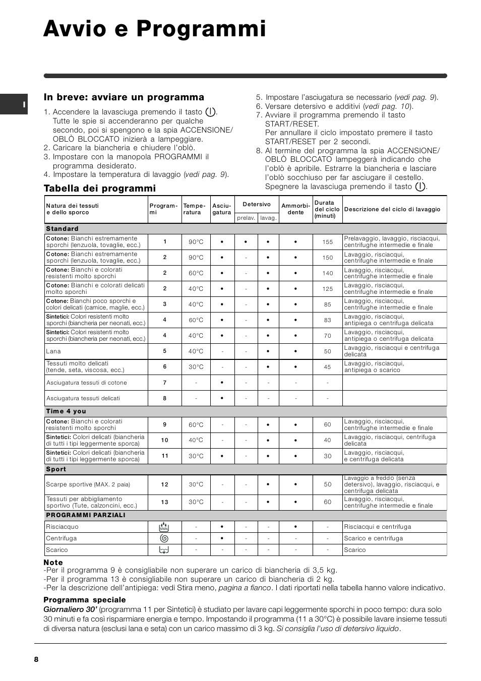 Avvio e programmi | Indesit IWDE-12-(EU) User Manual | Page 8 / 56