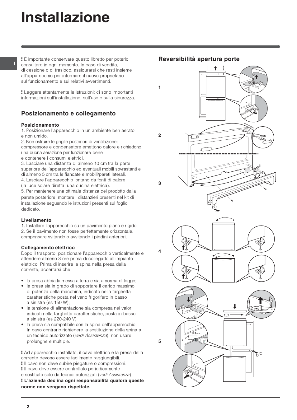 Installazione, Reversibilità apertura porte, Posizionamento e collegamento | Indesit PBAA-13 User Manual | Page 2 / 60