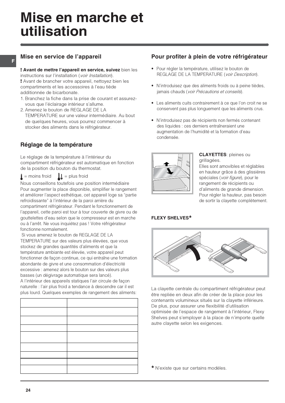 Mise en marche et utilisation, Mise en service de lappareil, Réglage de la température | Pour profiter à plein de votre réfrigérateur | Indesit PBAA-13 User Manual | Page 24 / 60