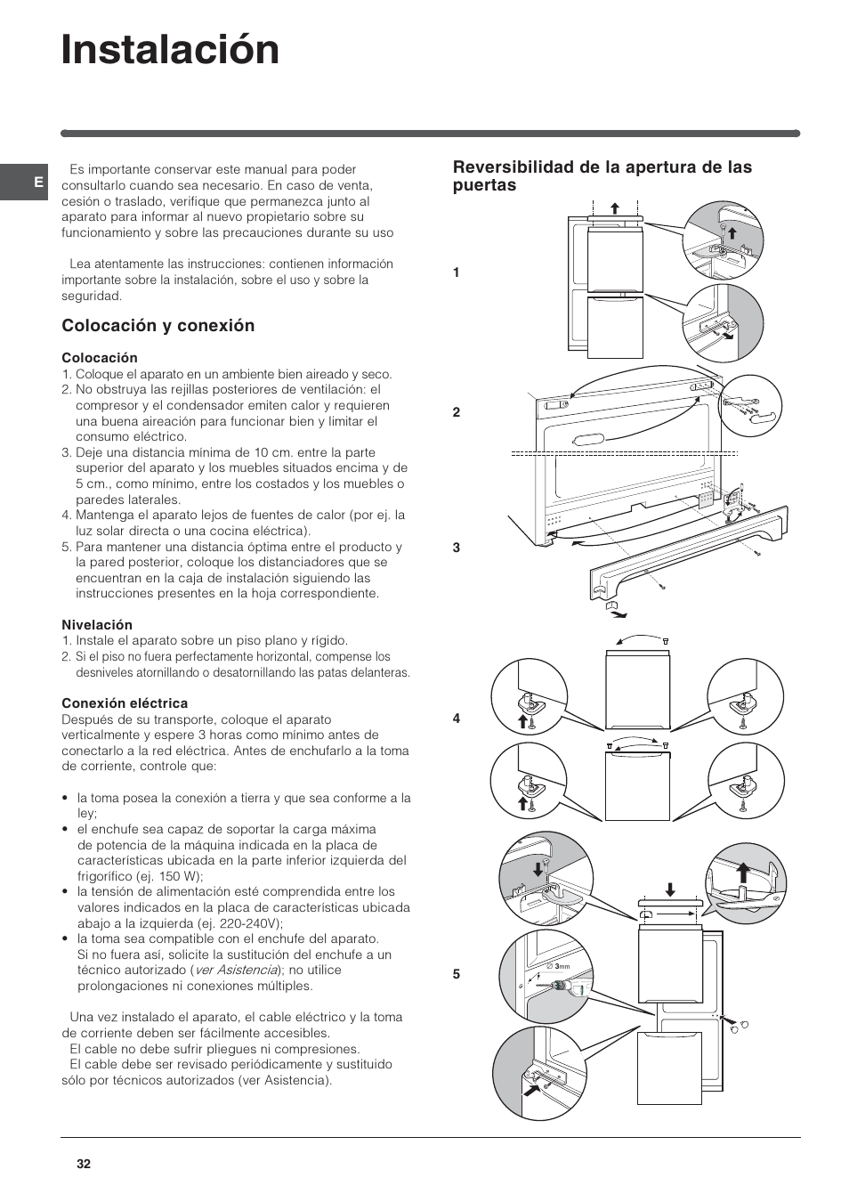 Instalación, Reversibilidad de la apertura de las puertas, Colocación y conexión | Indesit PBAA-13 User Manual | Page 32 / 60