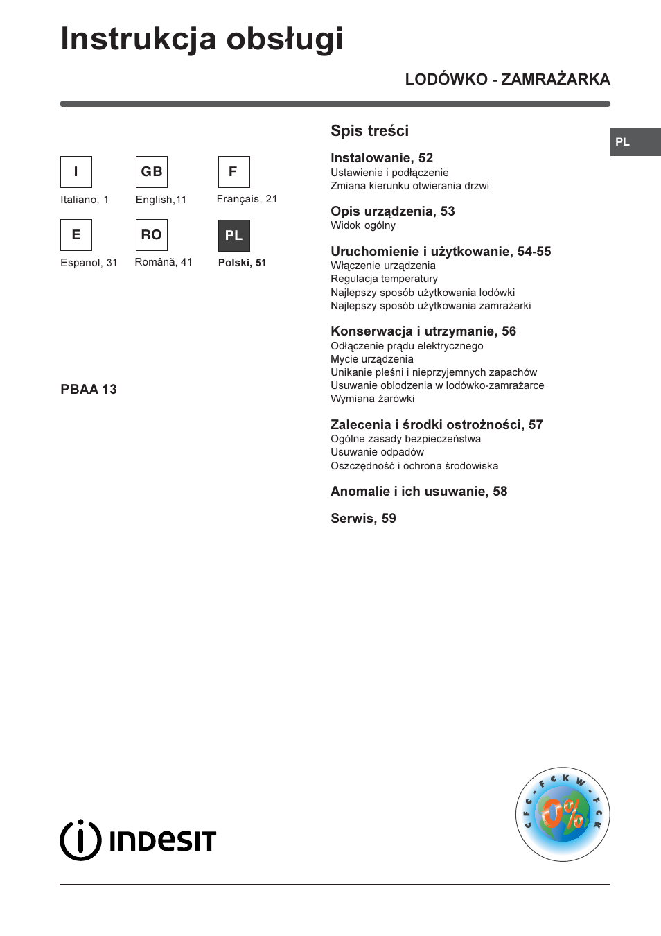 Instrukcja obs³ugi, Lodówko - zamra¯arka spis treci | Indesit PBAA-13 User Manual | Page 51 / 60