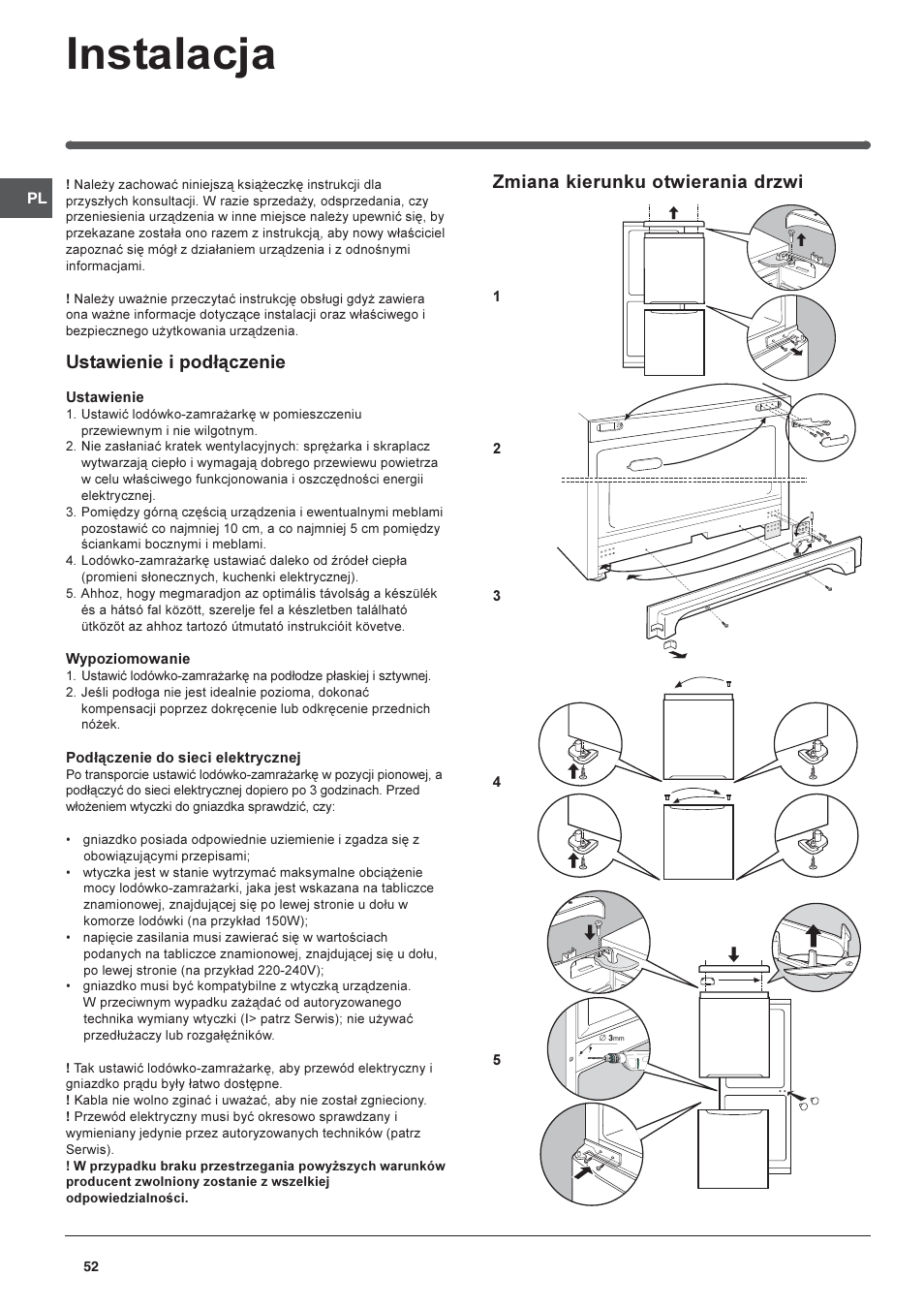 Instalacja, Ustawienie i pod³¹czenie, Zmiana kierunku otwierania drzwi | Indesit PBAA-13 User Manual | Page 52 / 60