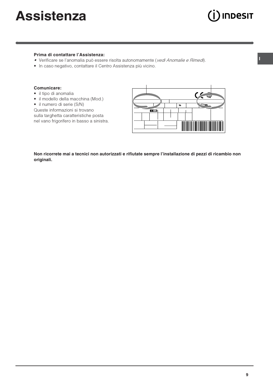 Assistenza, Modello numero di serie | Indesit PBAA-13 User Manual | Page 9 / 60