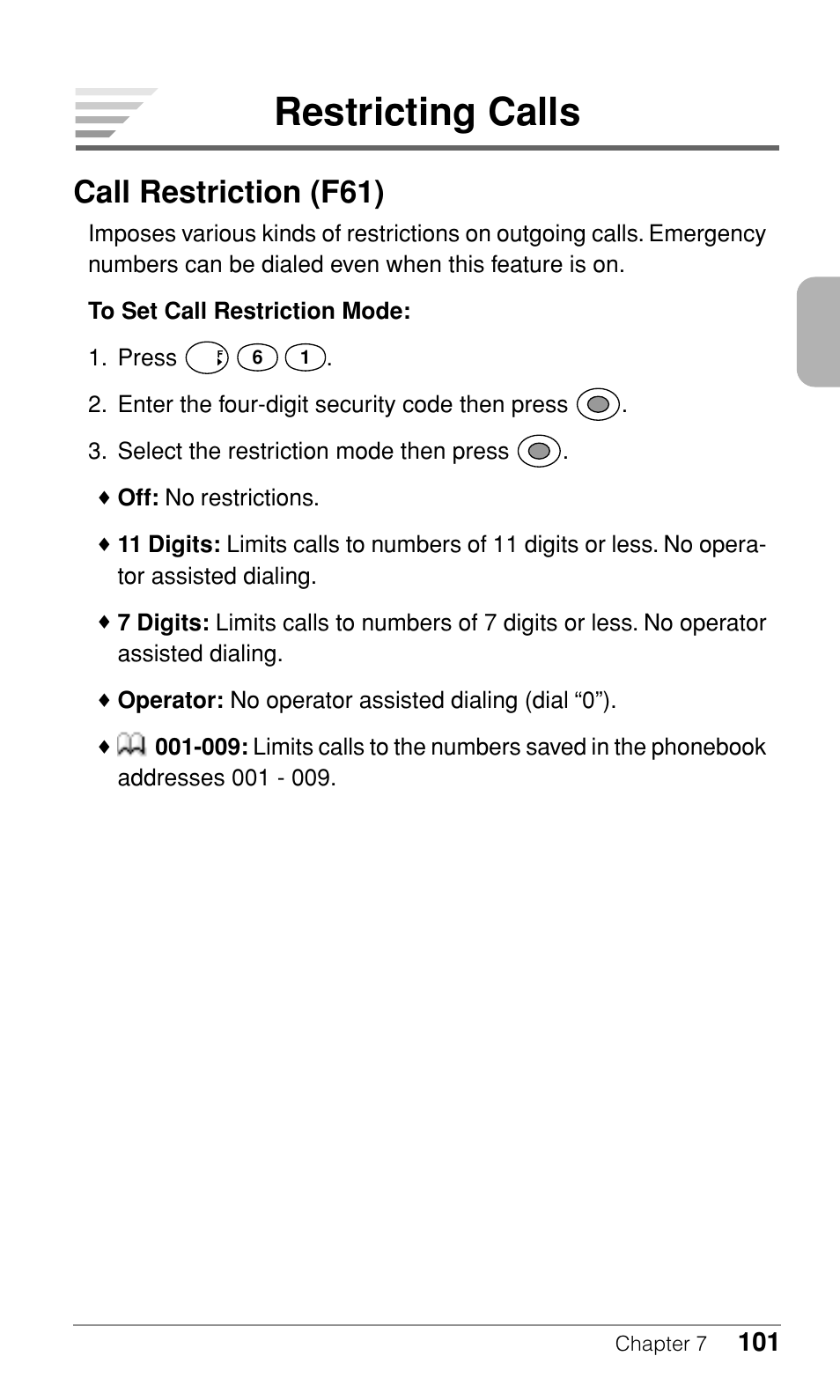 Restricting calls, Call restriction (f61) | Audiovox CDM-9500 User Manual | Page 102 / 145