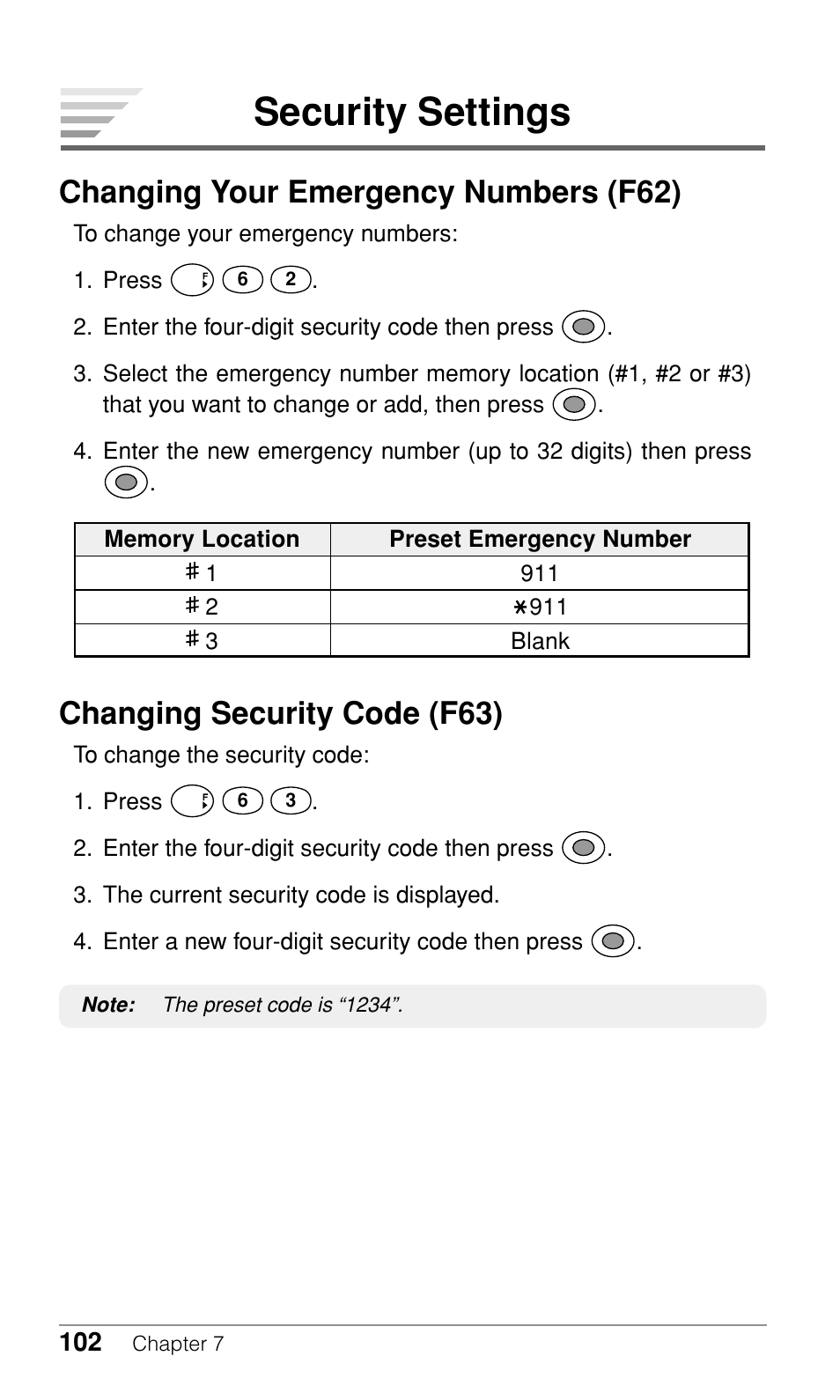 Security settings, Changing your emergency numbers (f62), Changing security code (f63) | Audiovox CDM-9500 User Manual | Page 103 / 145