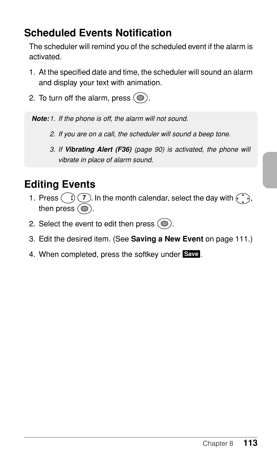 Scheduled events notification, Editing events | Audiovox CDM-9500 User Manual | Page 114 / 145