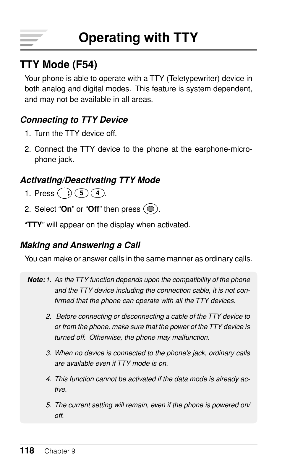 Operating with tty, Tty mode (f54), Connecting to tty device | Activating/deactivating tty mode, Making and answering a call | Audiovox CDM-9500 User Manual | Page 119 / 145
