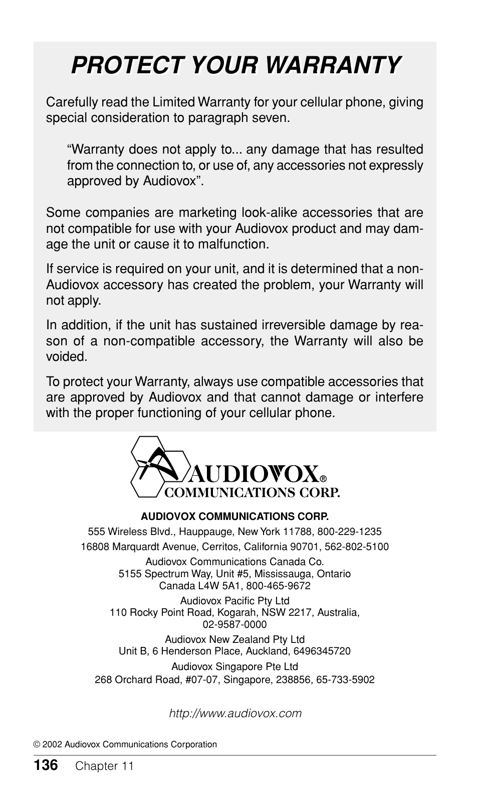 Protect your warranty | Audiovox CDM-9500 User Manual | Page 137 / 145