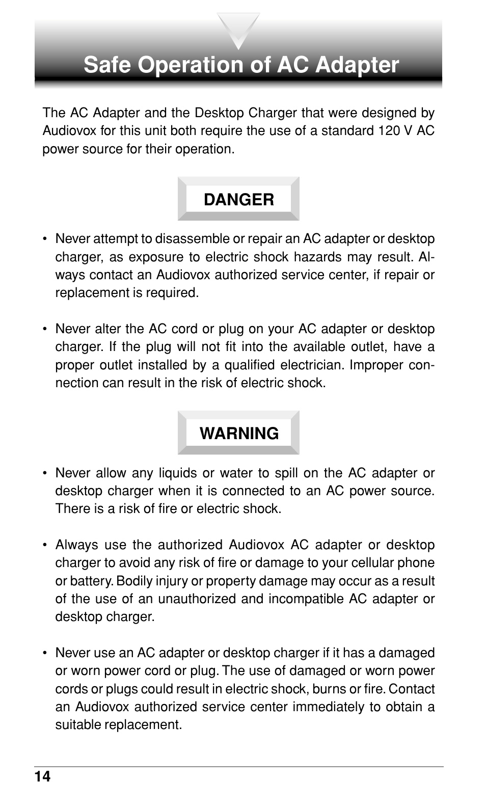 Safe operation of ac adapter, Danger warning | Audiovox CDM-9500 User Manual | Page 15 / 145