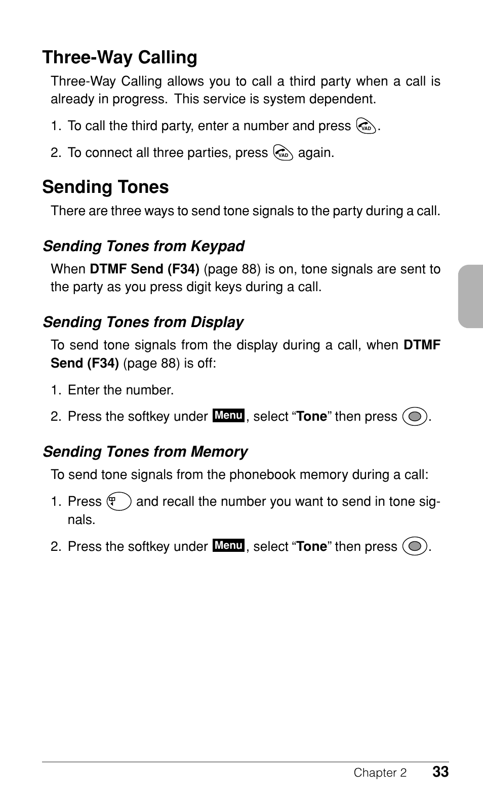 Three-way calling, Sending tones, Sending tones from keypad | Sending tones from display | Audiovox CDM-9500 User Manual | Page 34 / 145