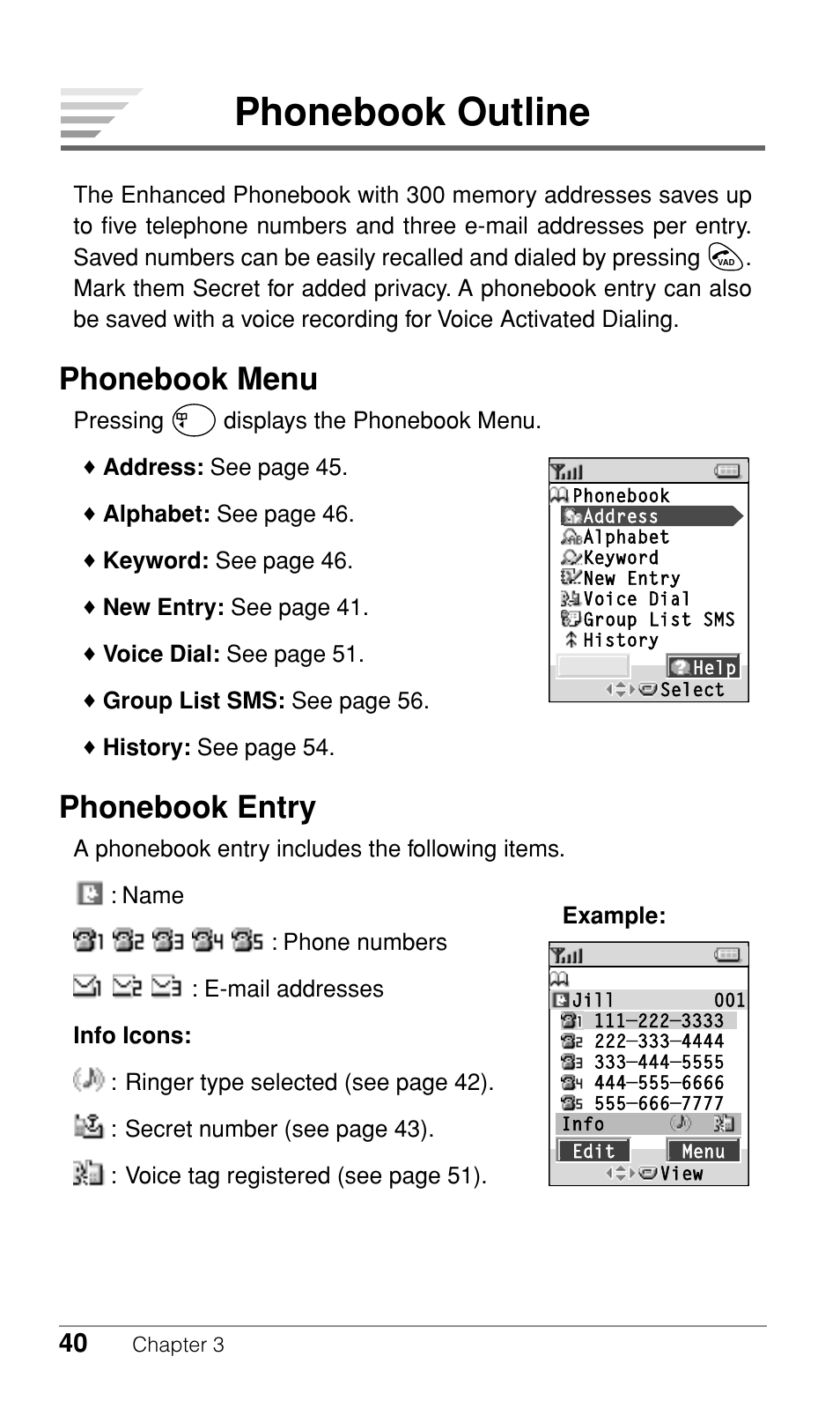 Phonebook outline, Phonebook menu, Phonebook entry | Audiovox CDM-9500 User Manual | Page 41 / 145