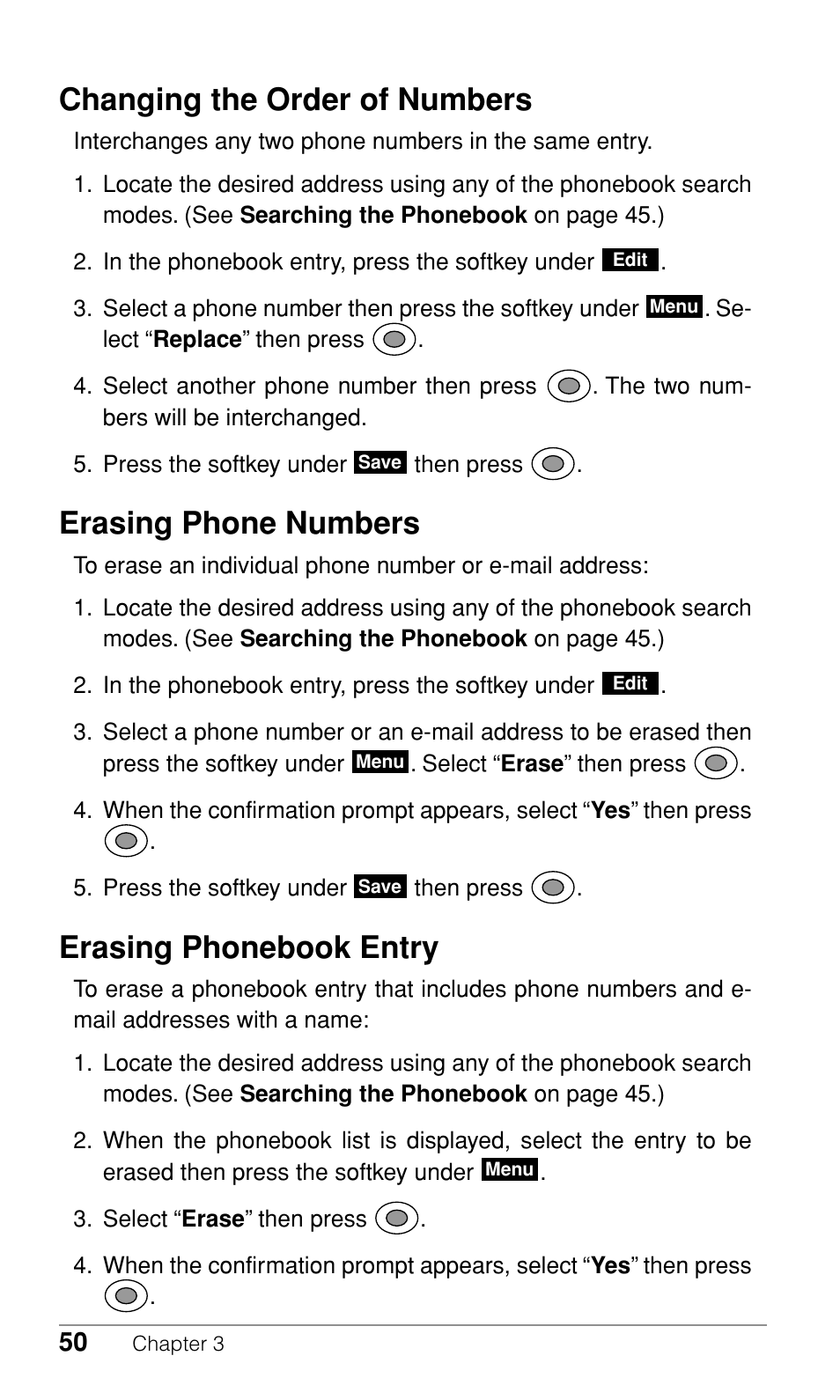 Changing the order of numbers, Erasing phone numbers, Erasing phonebook entry | Audiovox CDM-9500 User Manual | Page 51 / 145