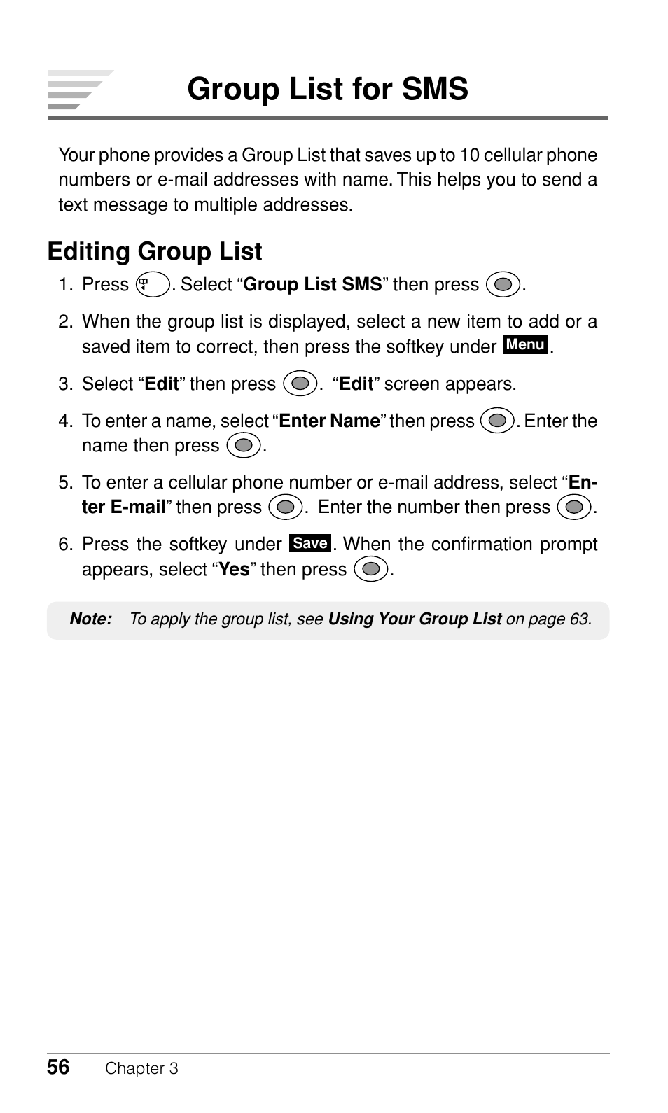 Group list for sms, Editing group list | Audiovox CDM-9500 User Manual | Page 57 / 145