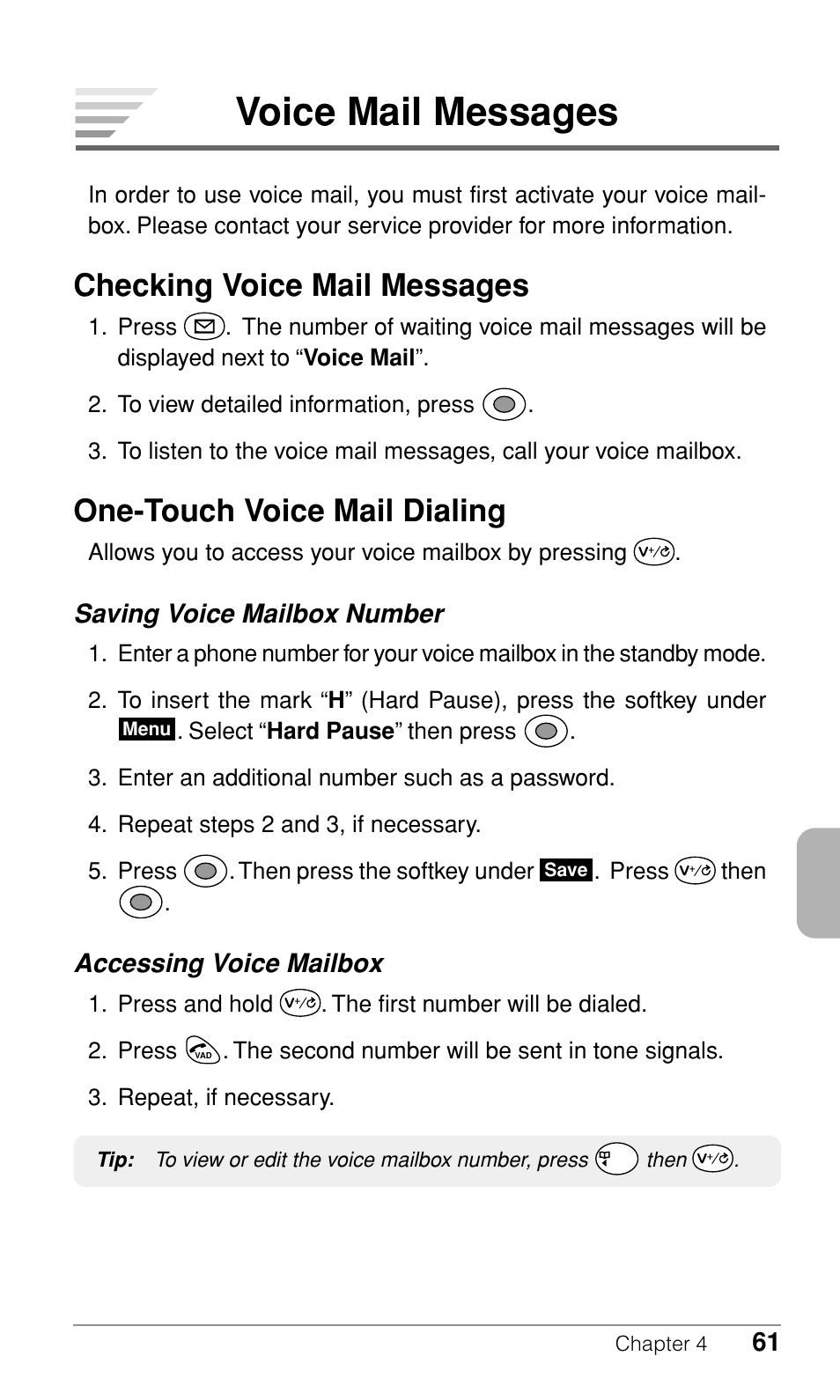 Voice mail messages, Checking voice mail messages, One-touch voice mail dialing | Saving voice mailbox number, Accessing voice mailbox | Audiovox CDM-9500 User Manual | Page 62 / 145