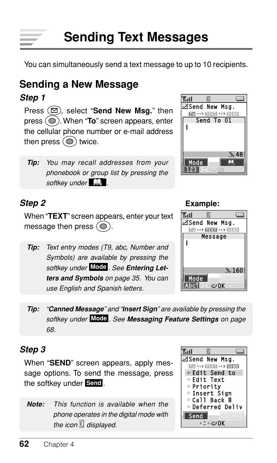 Sending text messages, Sending a new message, Step 1 | Step 2, Step 3, Example | Audiovox CDM-9500 User Manual | Page 63 / 145