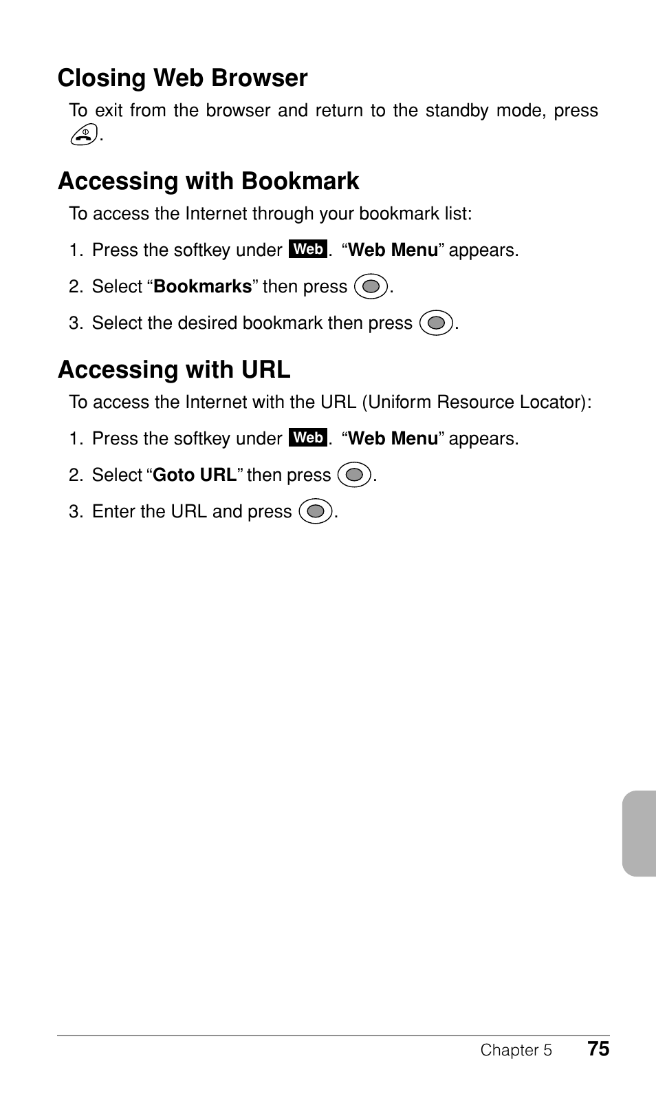 Closing web browser, Accessing with bookmark, Accessing with url | Audiovox CDM-9500 User Manual | Page 76 / 145