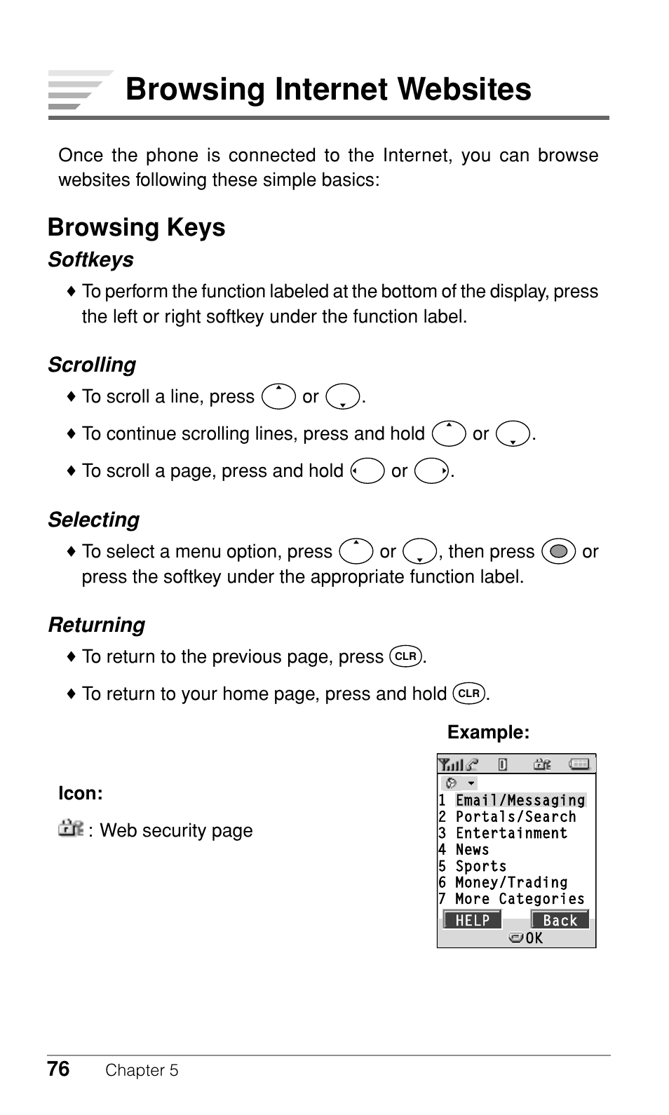 Browsing internet websites, Browsing keys, Softkeys | Scrolling, Selecting, Returning | Audiovox CDM-9500 User Manual | Page 77 / 145