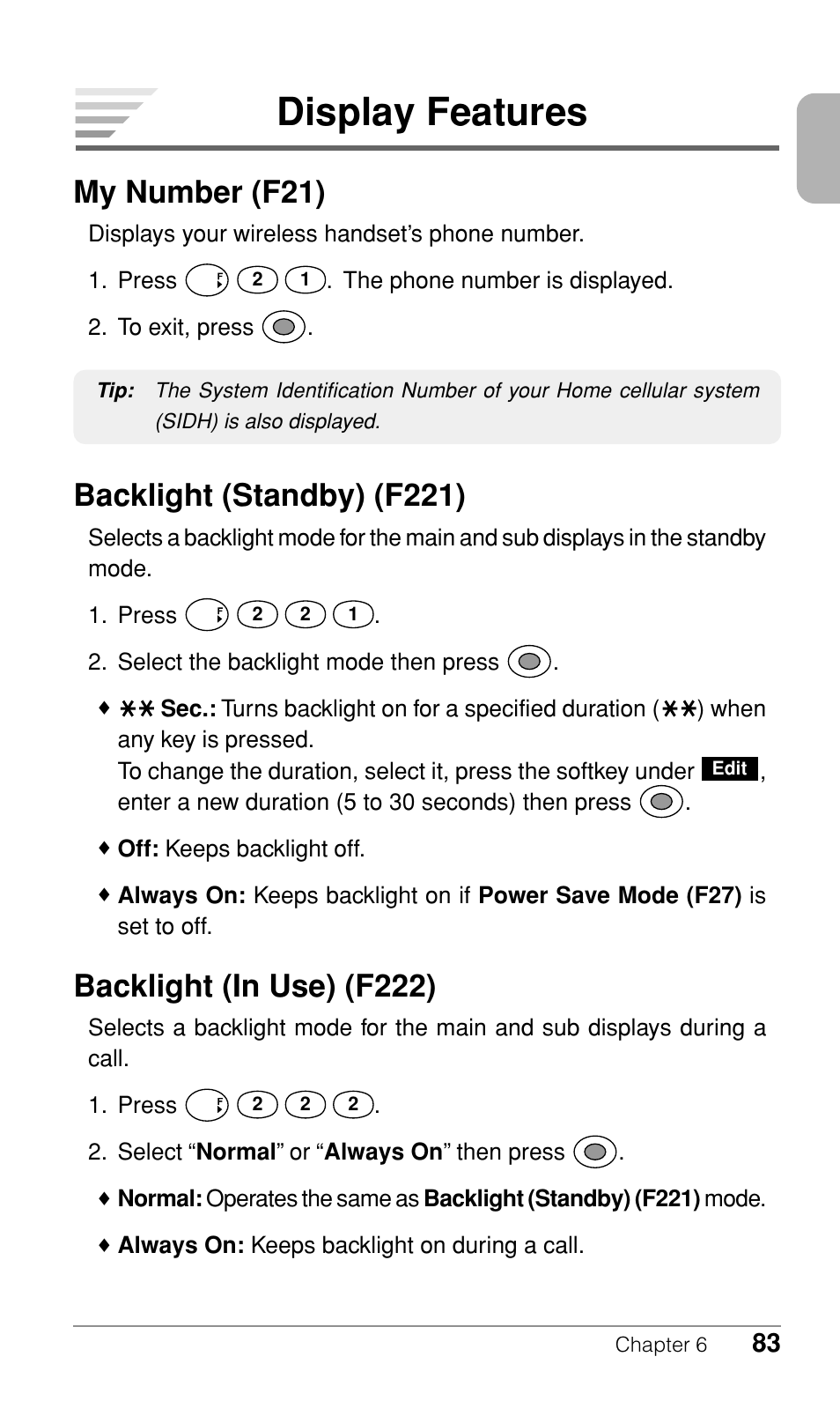 Display features, My number (f21), Backlight (standby) (f221) | Backlight (in use) (f222) | Audiovox CDM-9500 User Manual | Page 84 / 145