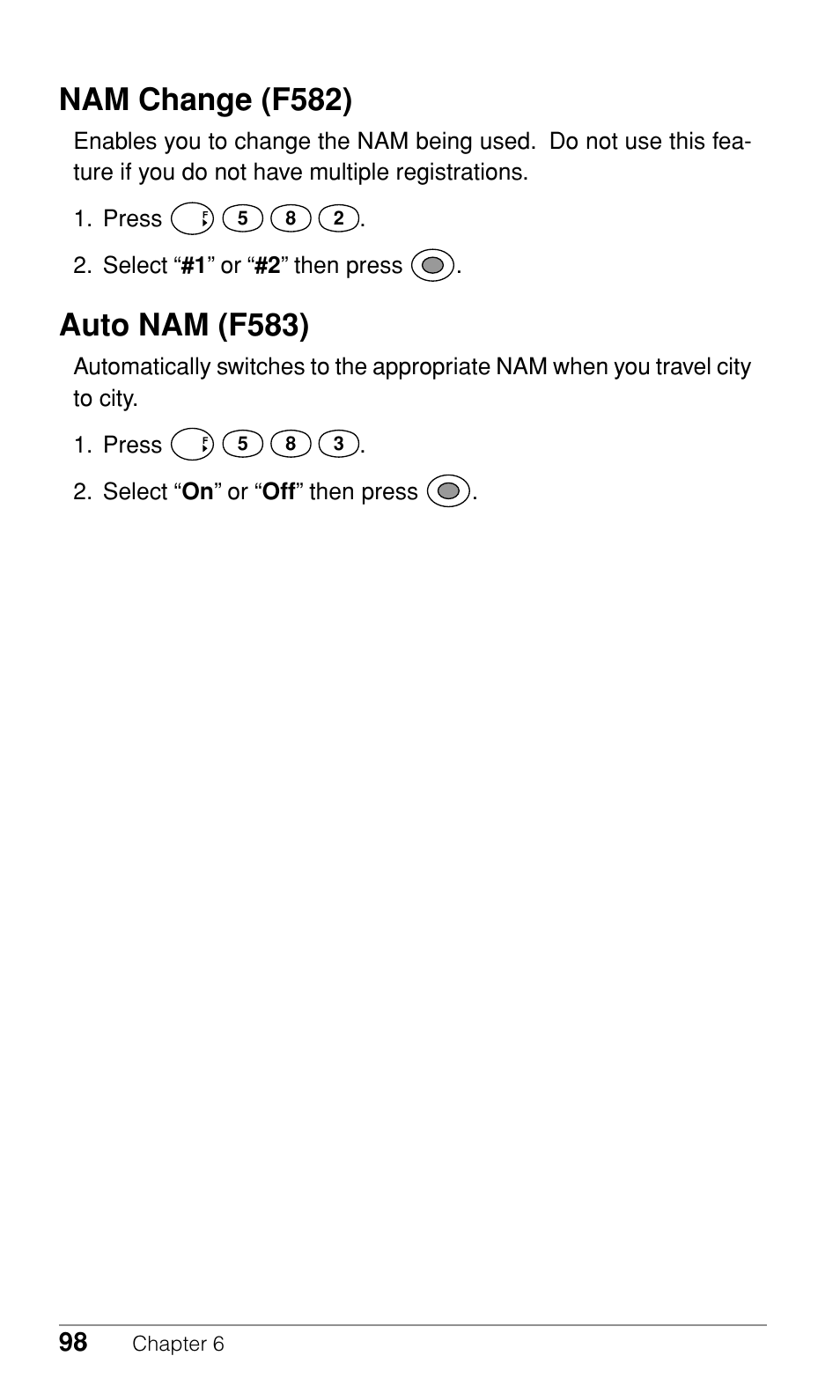Nam change (f582), Auto nam (f583) | Audiovox CDM-9500 User Manual | Page 99 / 145