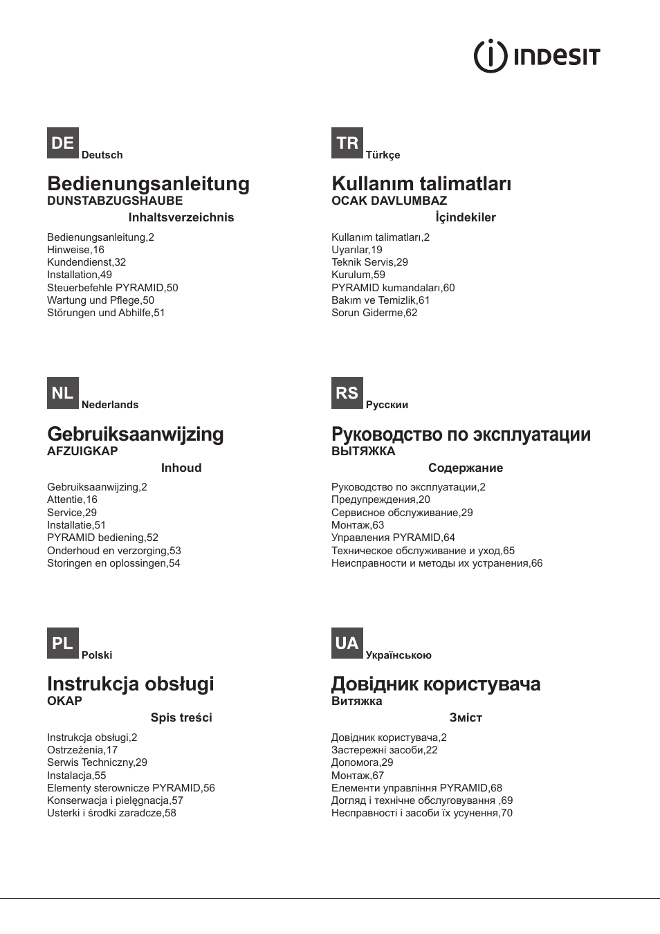 Gebruiksaanwijzing, Instrukcja obsługi, Kullanım talimatları | Руководство по эксплуатации, Довідник користувача, Bedienungsanleitung | Indesit IHP-7.5-C-M-IX User Manual | Page 2 / 80
