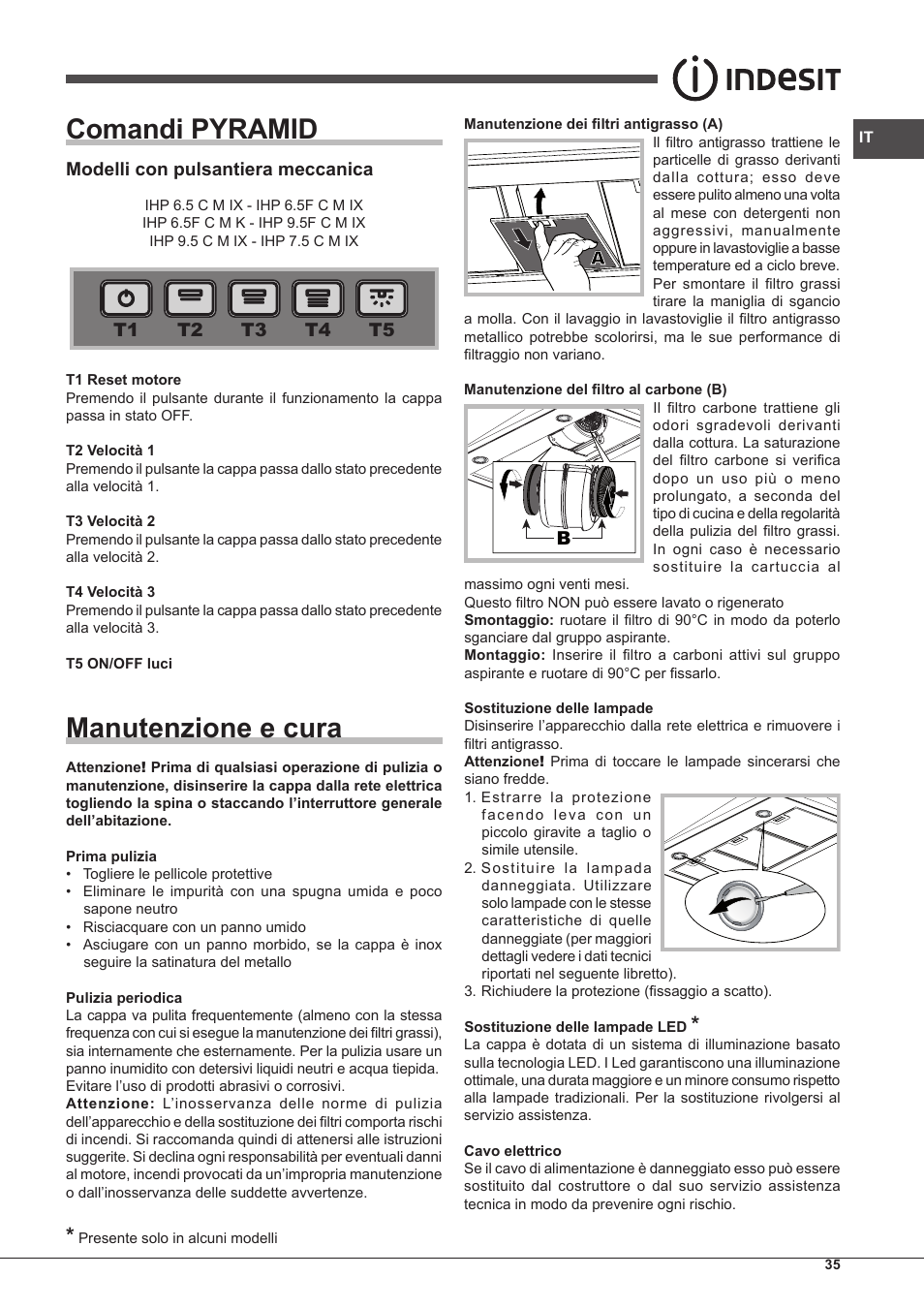 Comandi pyramid, Manutenzione e cura | Indesit IHP-7.5-C-M-IX User Manual | Page 35 / 80
