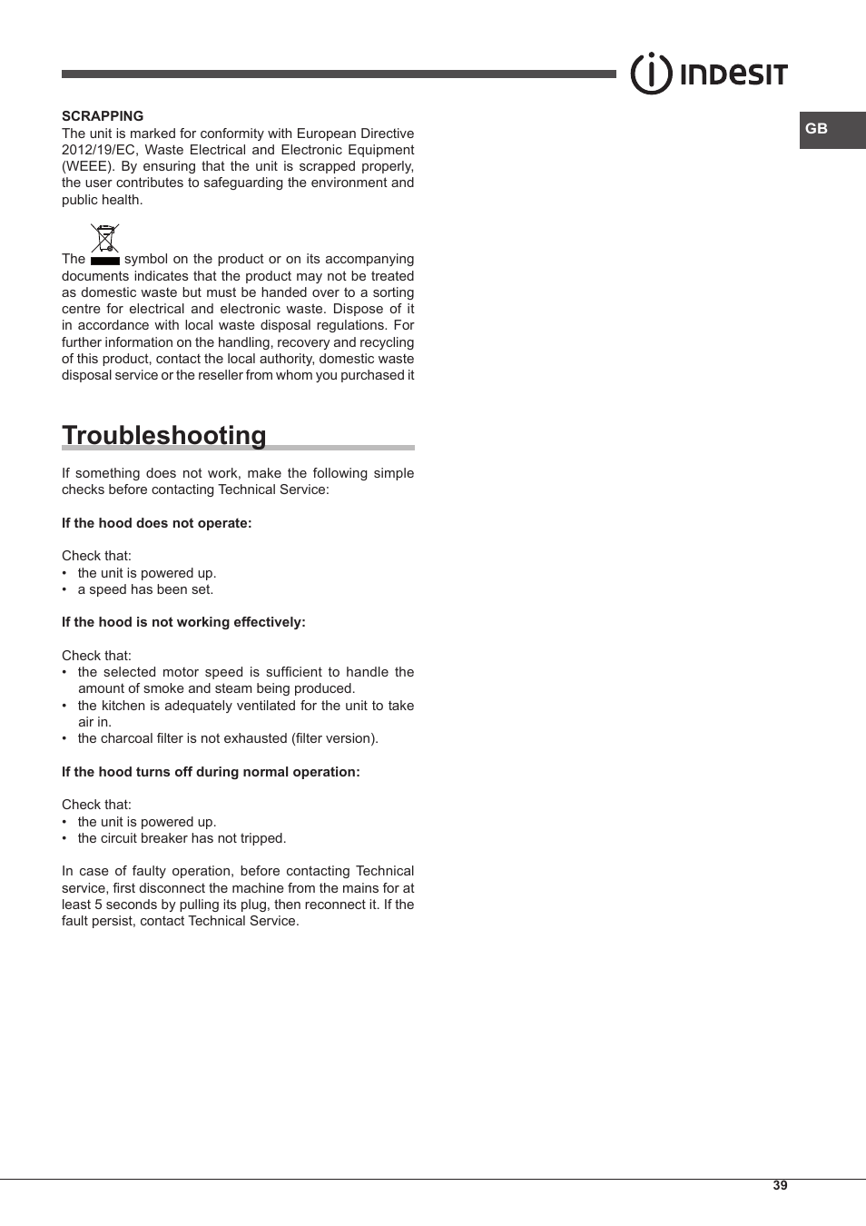 Troubleshooting | Indesit IHP-7.5-C-M-IX User Manual | Page 39 / 80