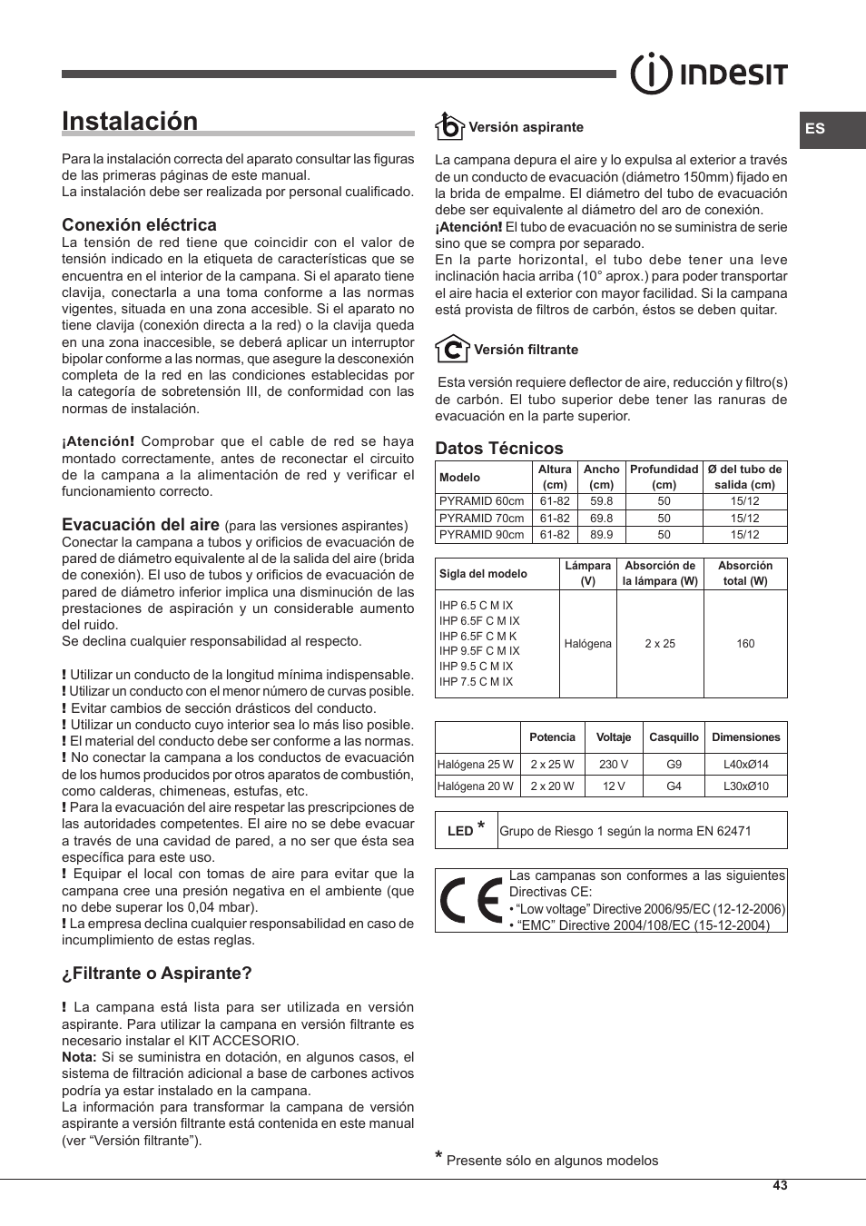Instalación, Conexión eléctrica, Evacuación del aire | Filtrante o aspirante, Datos técnicos | Indesit IHP-7.5-C-M-IX User Manual | Page 43 / 80