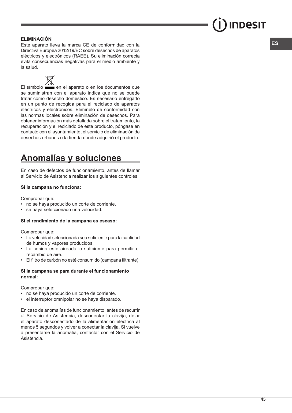 Anomalías y soluciones | Indesit IHP-7.5-C-M-IX User Manual | Page 45 / 80