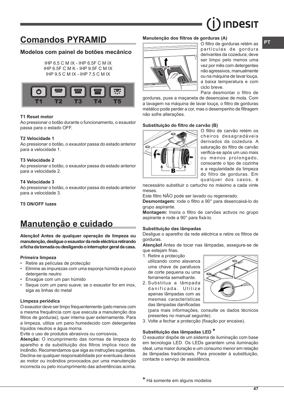 Comandos pyramid, Manutenção e cuidado | Indesit IHP-7.5-C-M-IX User Manual | Page 47 / 80