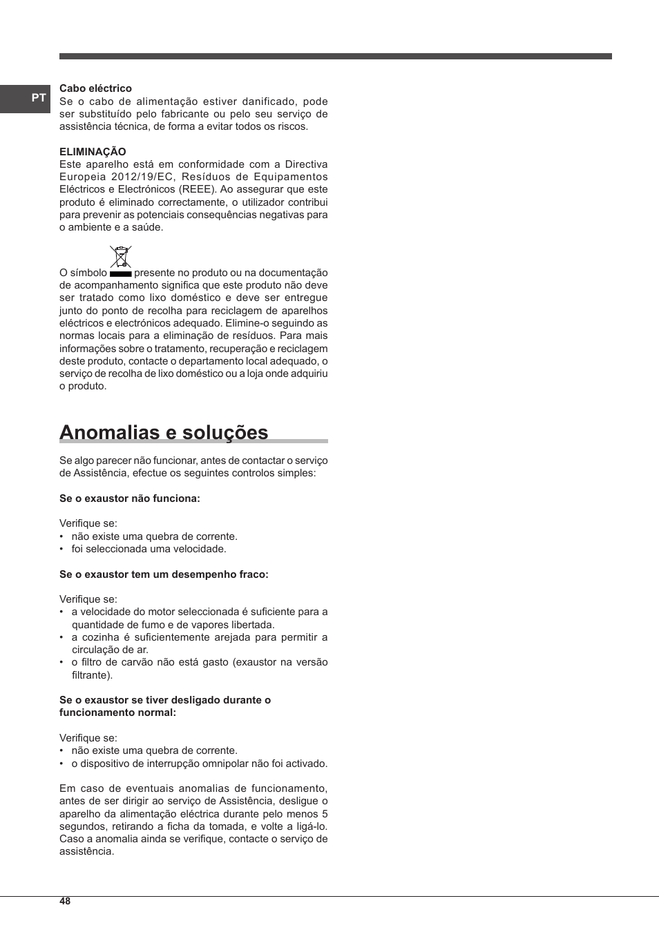 Anomalias e soluções | Indesit IHP-7.5-C-M-IX User Manual | Page 48 / 80