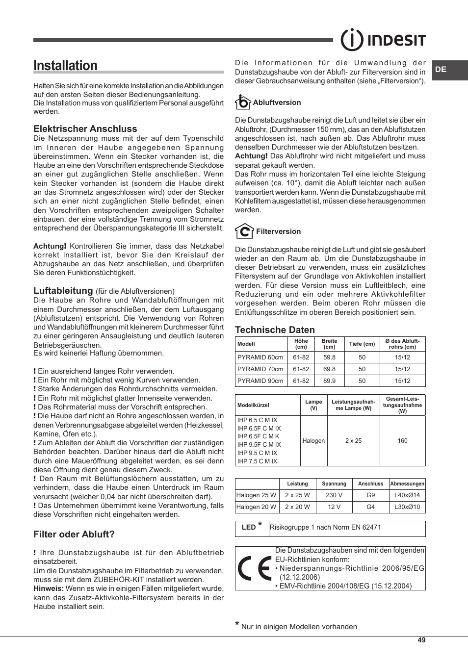 Installation, Elektrischer anschluss, Luftableitung | Filter oder abluft, Technische daten | Indesit IHP-7.5-C-M-IX User Manual | Page 49 / 80