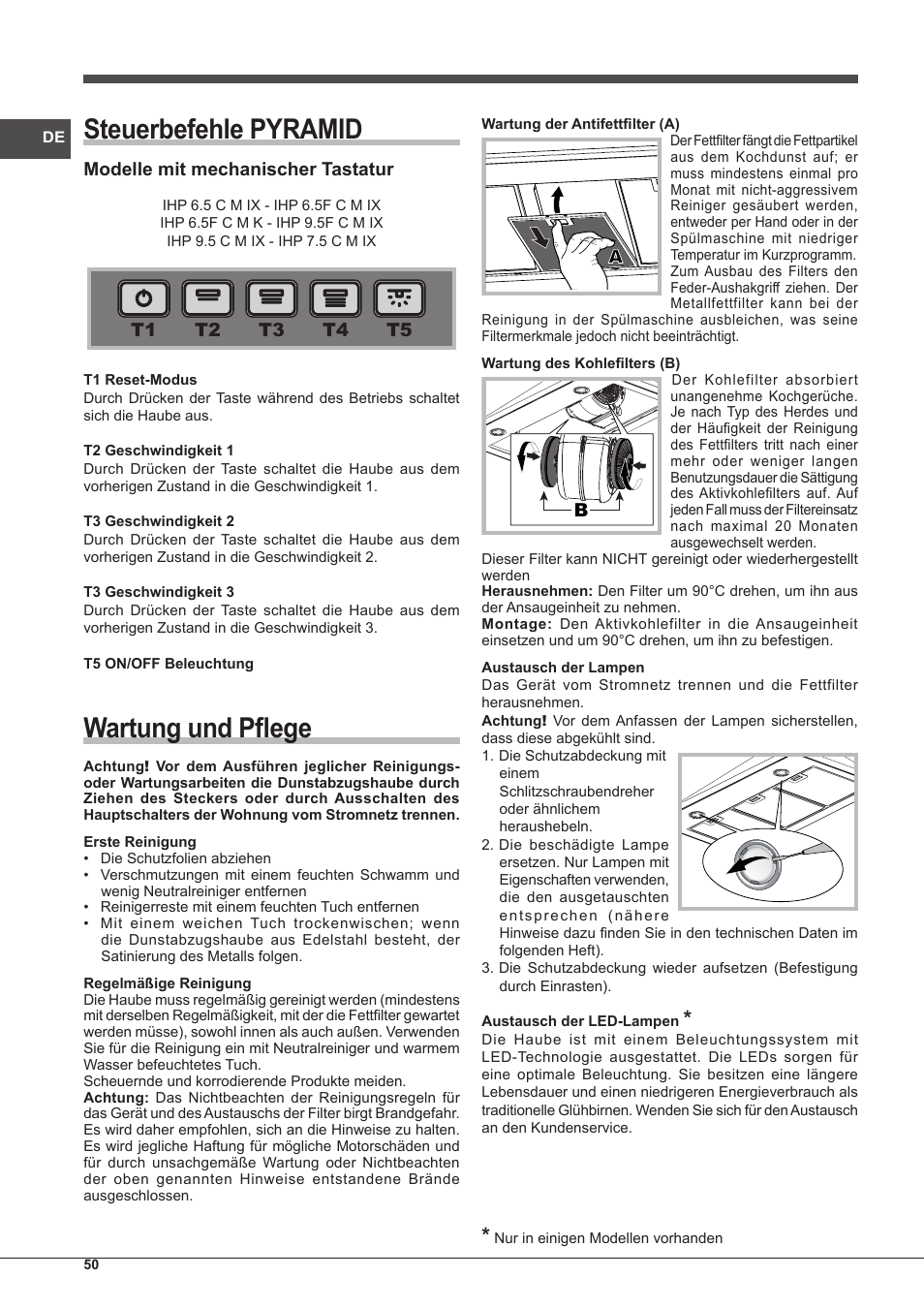 Steuerbefehle pyramid, Wartung und pflege | Indesit IHP-7.5-C-M-IX User Manual | Page 50 / 80